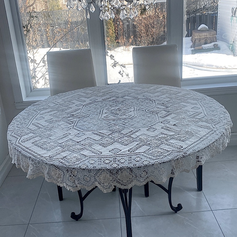 Hand Crafted Vintage Crochet cotton creme Round Tablecloth
